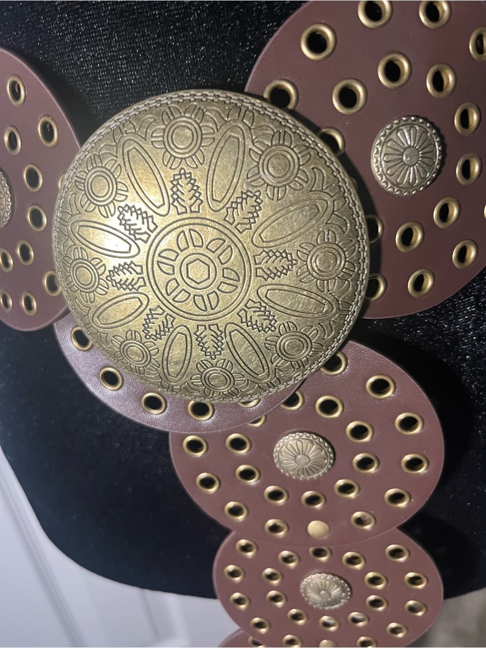 Boho Vintage Brown Leather Disc Statement Belt with Gold Medallions - Picture 3 of 4